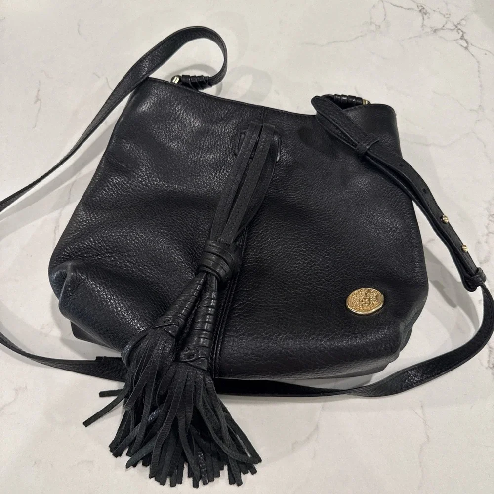 Vince Camuto Black Pebbled‎ Leather Shoulder Hobo Bag Tassel Zipper 9in By 10in